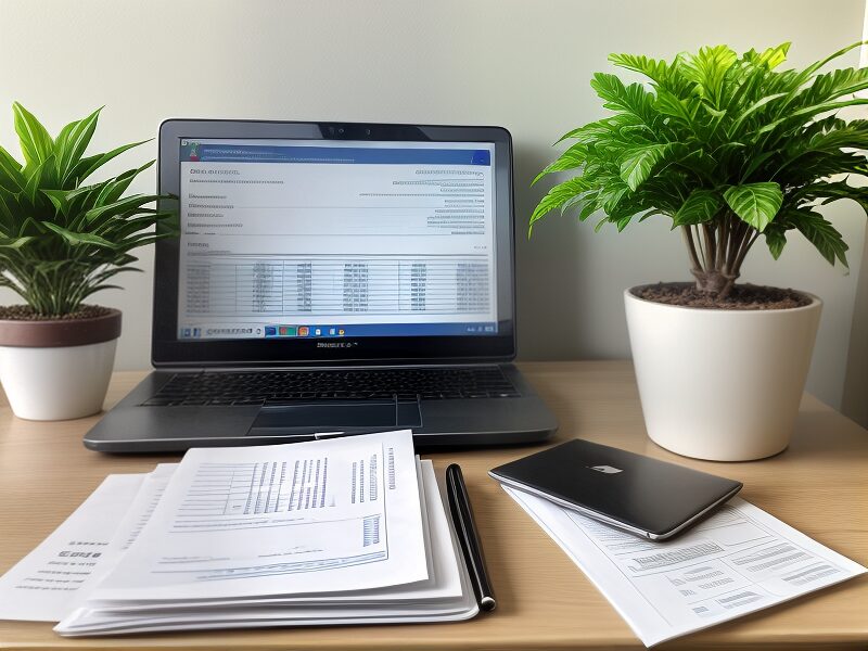 A-well-organized-office-desk-with-a-laptop-open-on-a-data-spreadsheet-screen,-surrounded-by-lush-green-plants-in-white-pots,-papers,-and-office-supplies.
